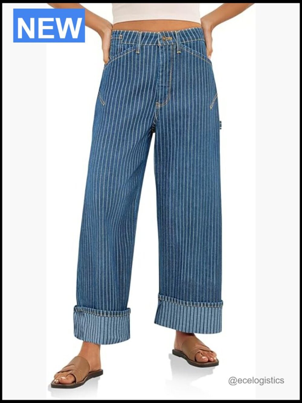 Striped Wide Leg Baggy Boyfriend Jeans High Waisted Cuffed Denim Pants with